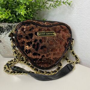 Betsey Johnson Heart Crossbody Bag Leopard Print Sequin Chain Strap Purse